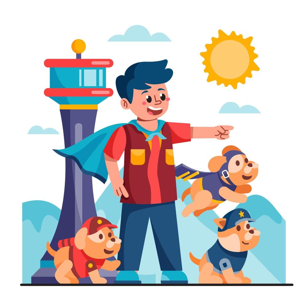 Little Hero Playing with Group of Dogs vector