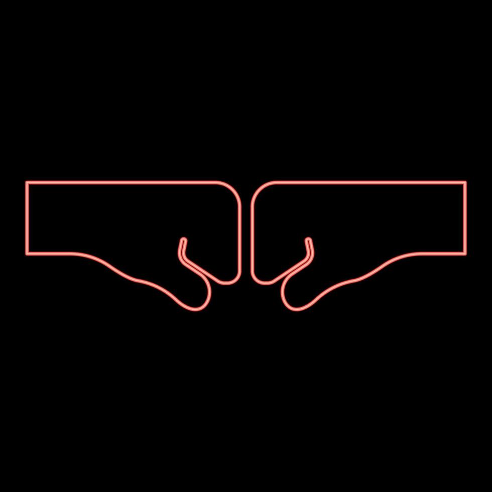 Neon two fist punching bump clenched together hitting concept of conflict struggle resistance confrontation red color vector illustration image flat style