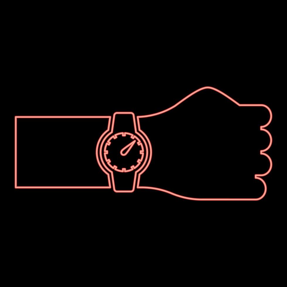 Neon wristwatch on hand Time on watch hand red color vector illustration image flat style