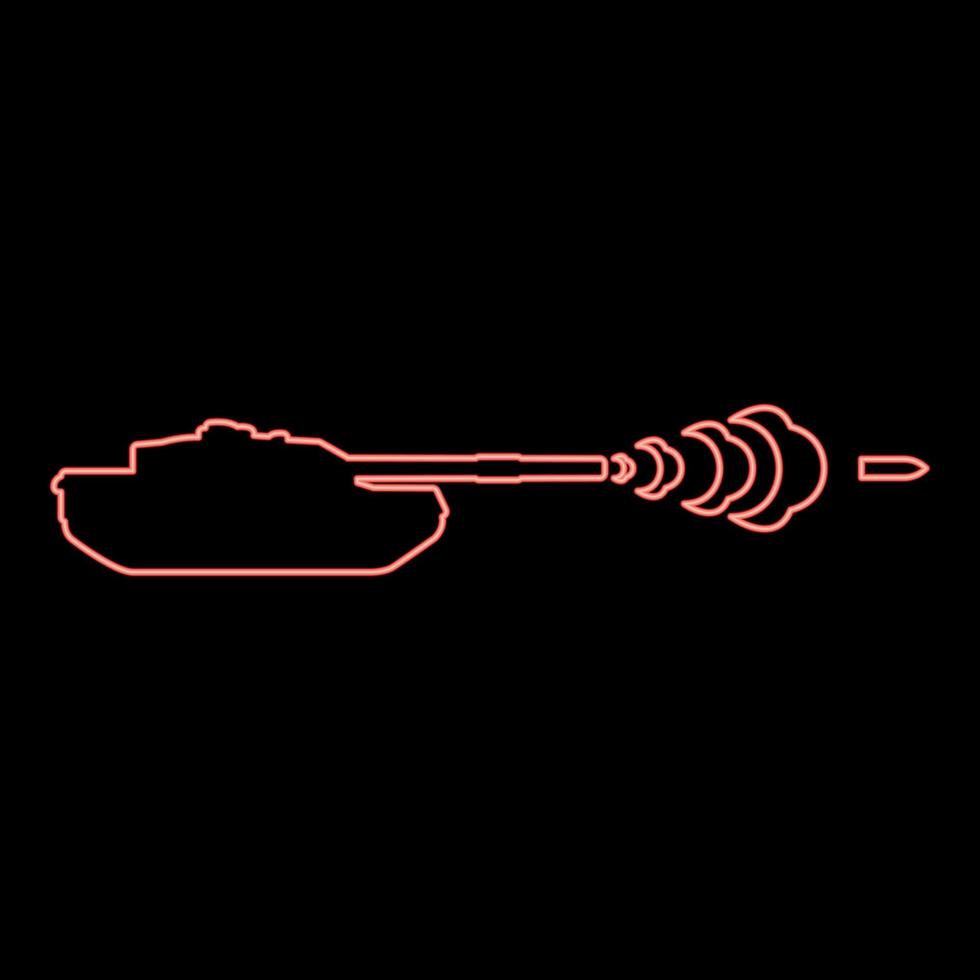 Neon tank shooting projectile shell military smoking after shot war battle concept red color vector illustration image flat style