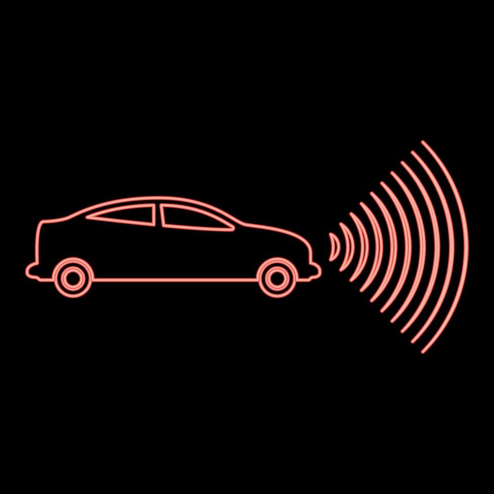 Neon car radio signals sensor smart technology autopilot front direction red color vector illustration image flat style