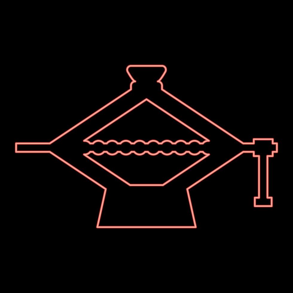 Neon screw jack lifting equipment mechanism for lifting supported loads of car maintenance scissor shape red color vector illustration image flat style