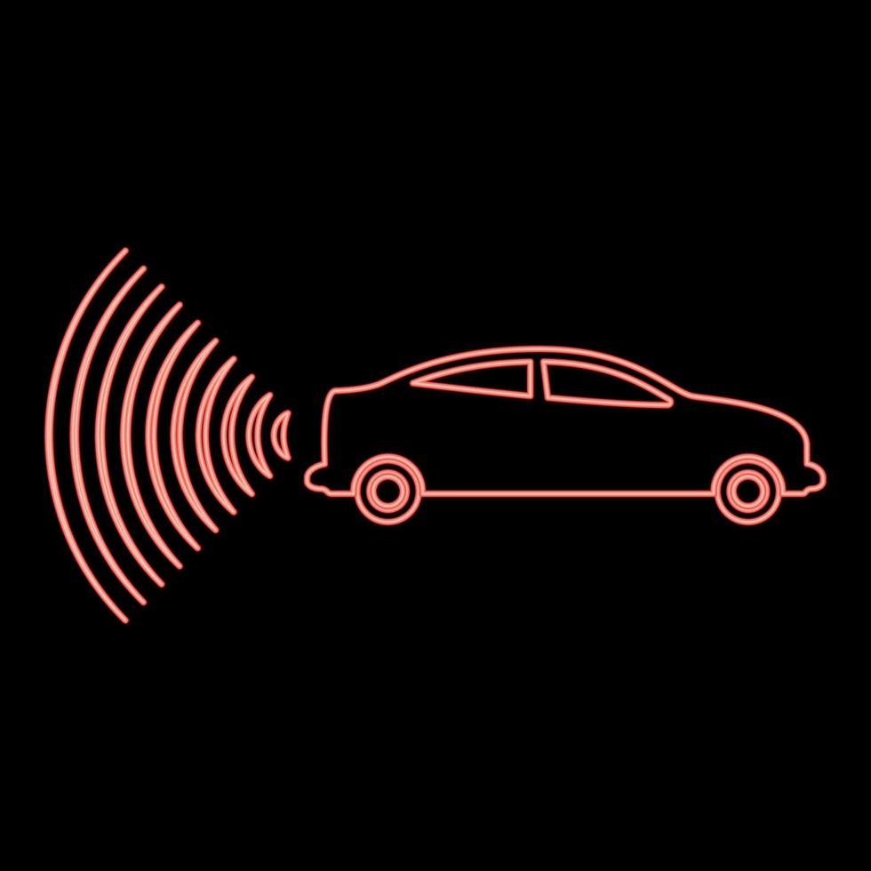 Neon car radio signals sensor smart technology autopilot back direction red color vector illustration image flat style