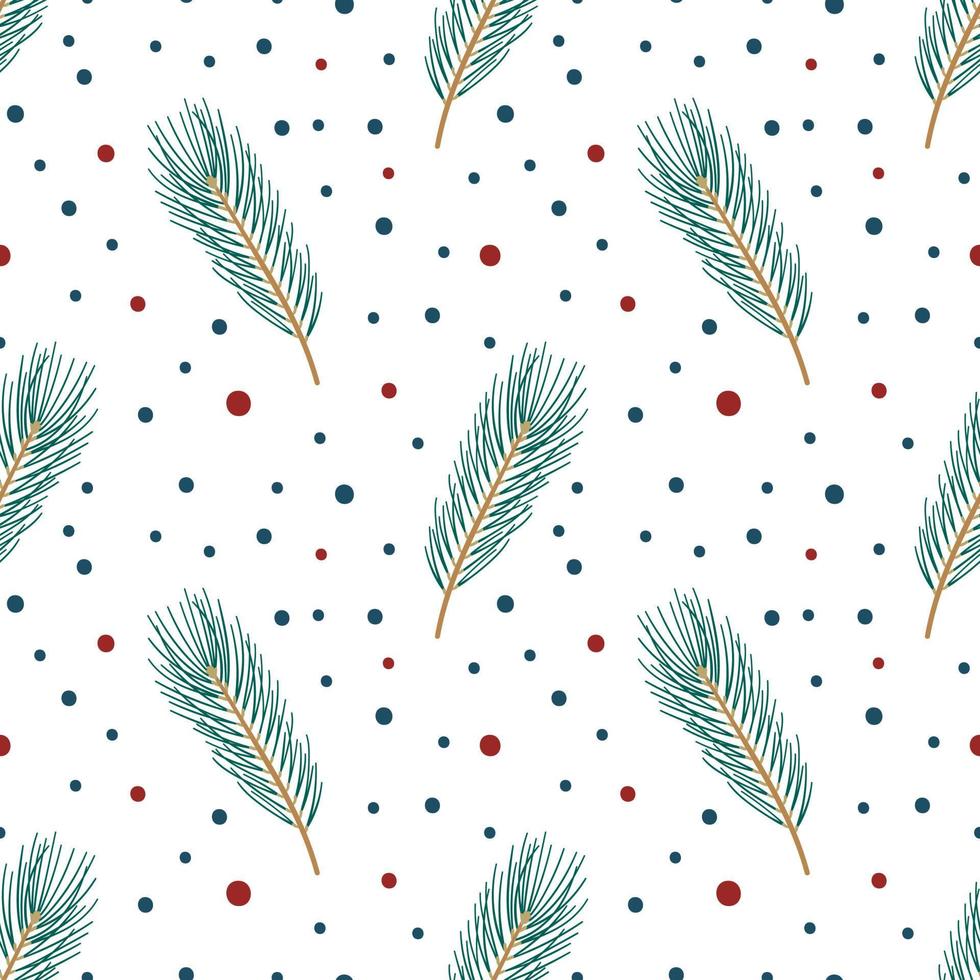 Pine branch. Doodle Christmas twig. Winter floral festival seamless pattern with dots. vector