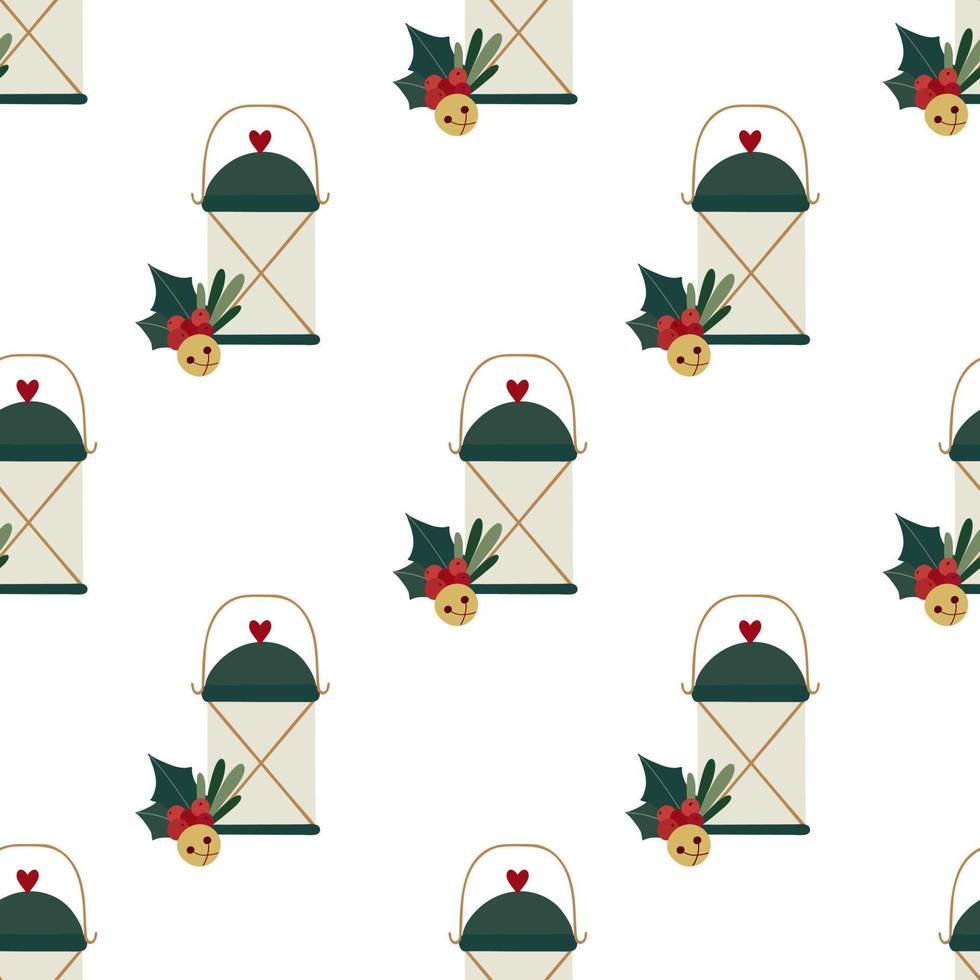 Christmas lantern with holly and golden sleigh bell. Winter festival seamless pattern. vector