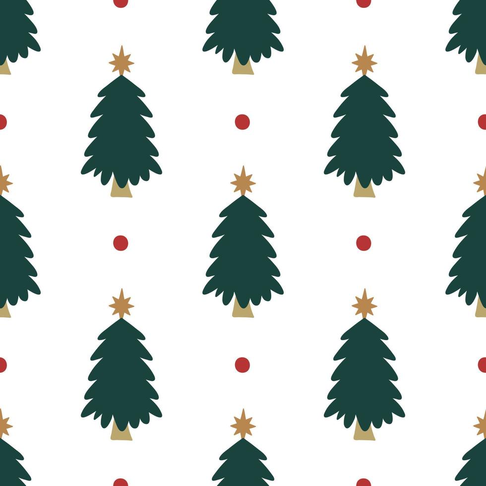 Christmas tree with golden star and red dot. Winter festival seamless pattern. vector