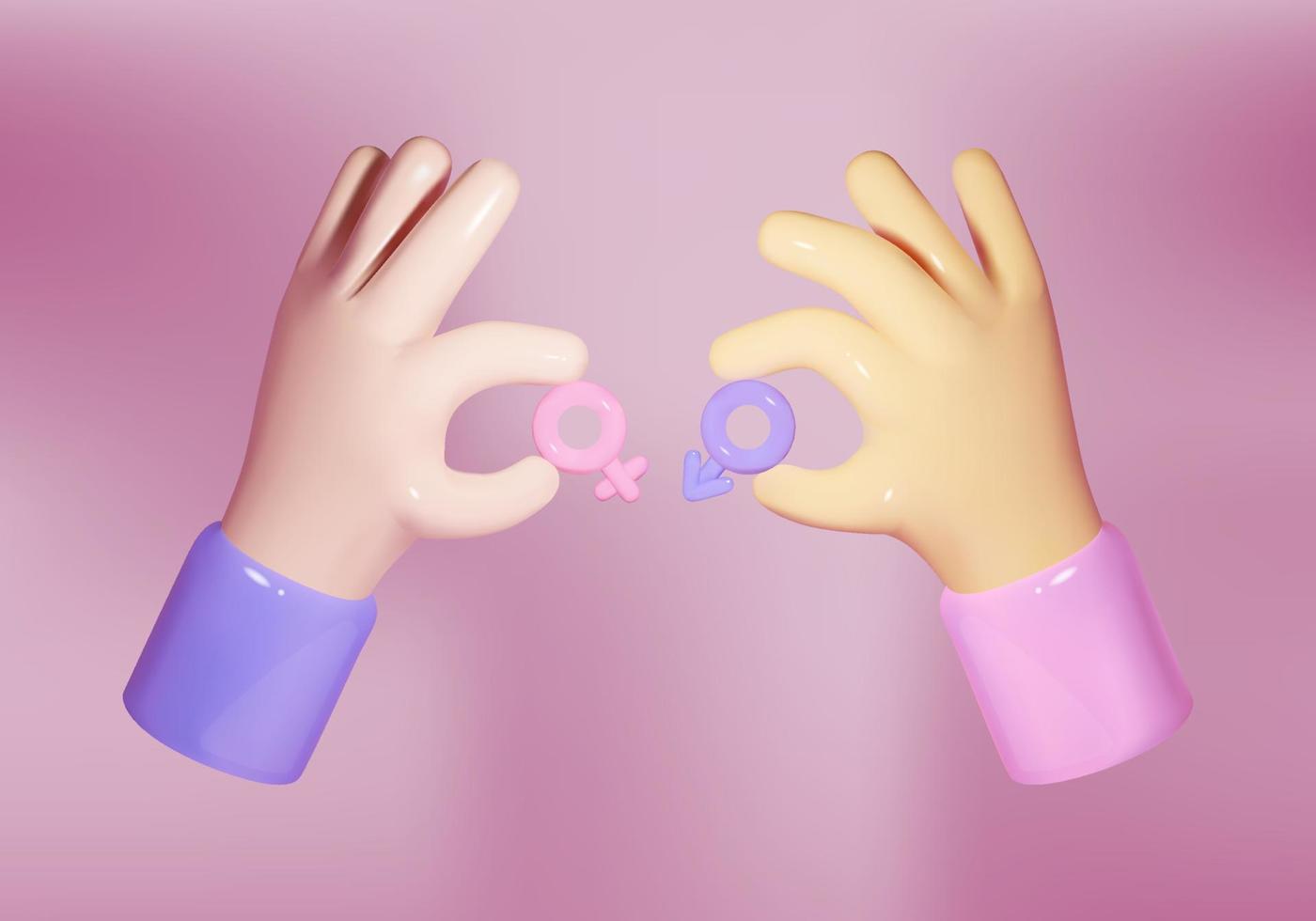 3D cartoon hands holding gender symbols. Male and female signs. Striving for equality and freedom. vector