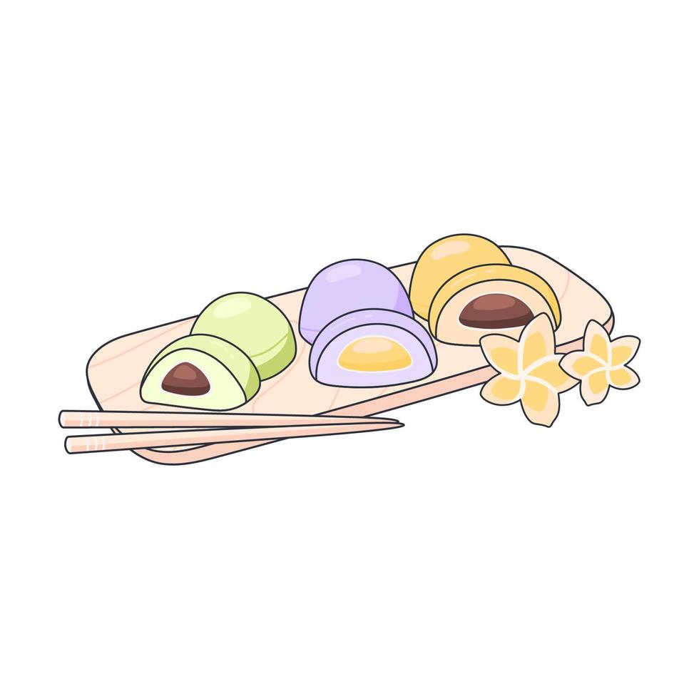 Different japanese mochi dessert on a wooden plate with chopsticks. Japanese traditional food vector illustration. Doodle style.