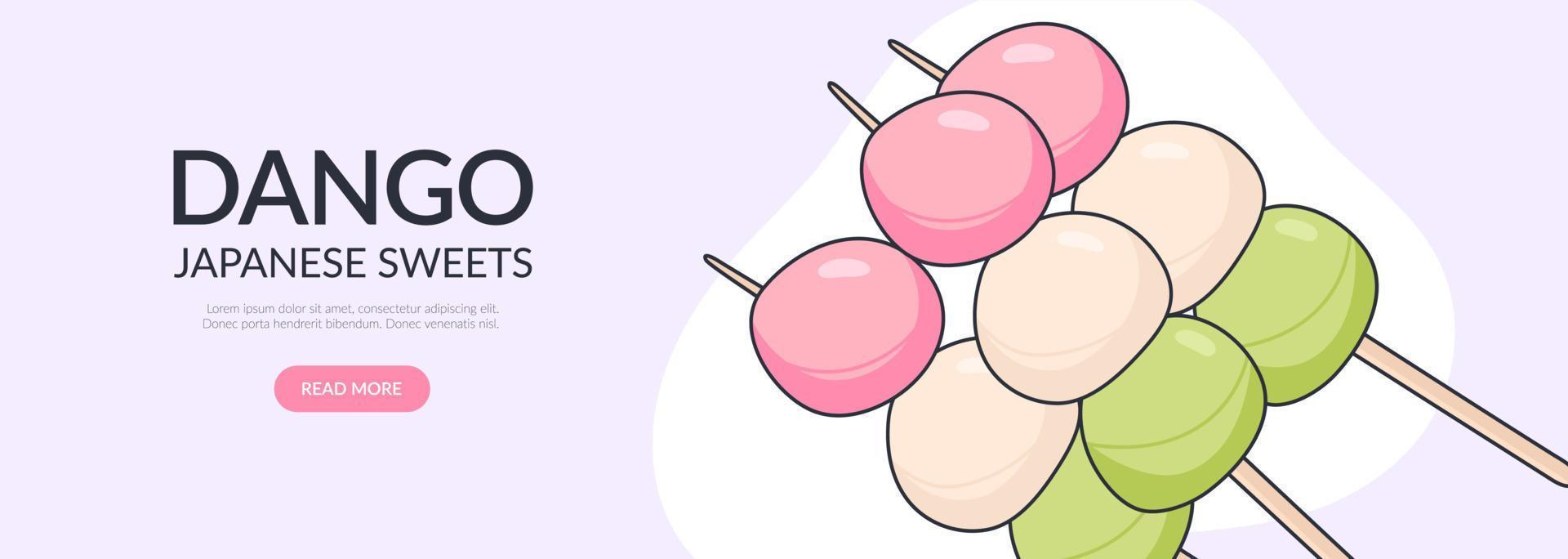 Banner design with japanese mochi dango. Japanese asian dessert. Banner, website, advertising, menu. Vector illustration in doodle style