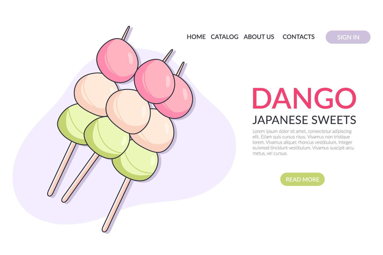 Web Page with Japanese sweet mochi dango on a light background. Banner, website, advertising, menu. Vector illustration in doodle style