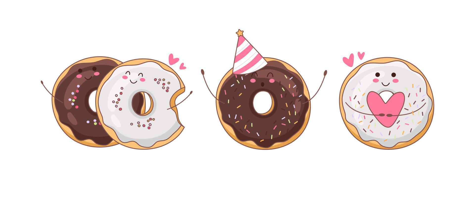 Set of colorful donuts. Vector illustration of a donut character in doodle style. Perfect for used for cafe, bakery or manufacturer's website. Ideal for stickers, postcards, banners or posters.