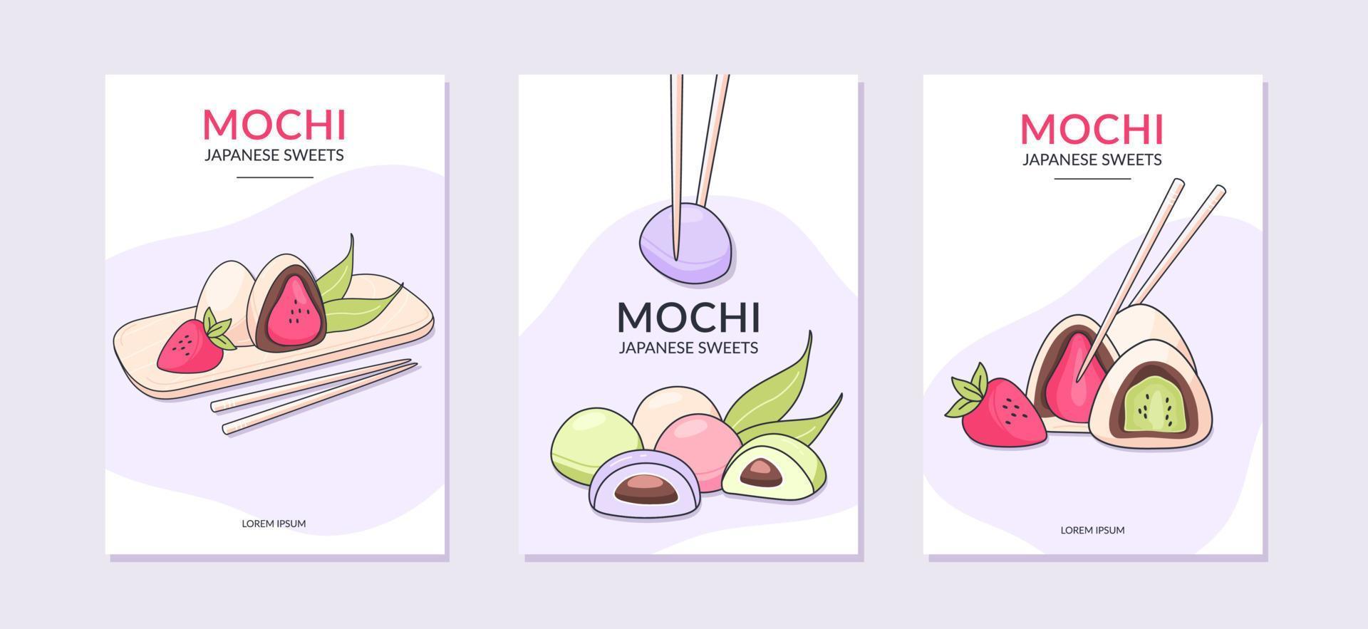 Set of posters with colorful Sweet Mochi. Different sweets mochi on a brigth background. Japanese traditional food vector illustration in doodle style. Banner, promo, advertising, card, cover, poster.