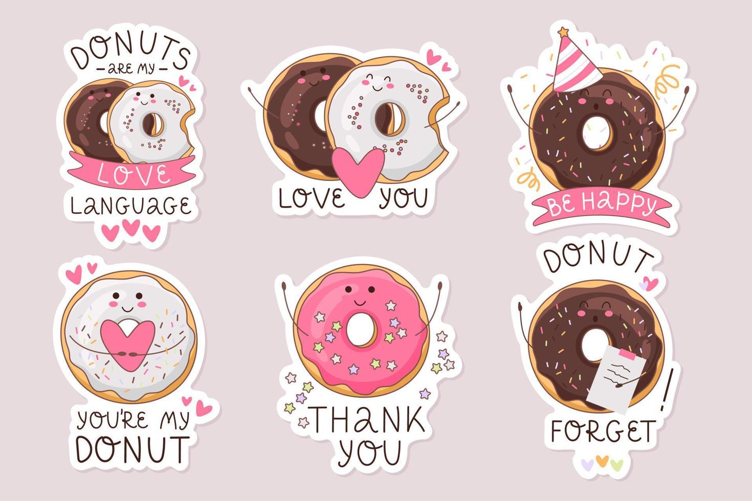 un conjunto de linda pegatinas con donas vector ilustración de un rosquilla personaje en garabatear estilo. colección para diario, diarios, scrapbooking aislado.