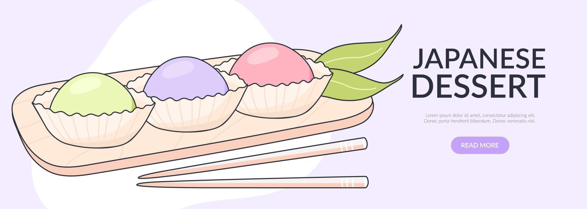 Banner design with japanese mochi. Japanese asian dessert. Banner, website, advertising, menu. Vector illustration in doodle style