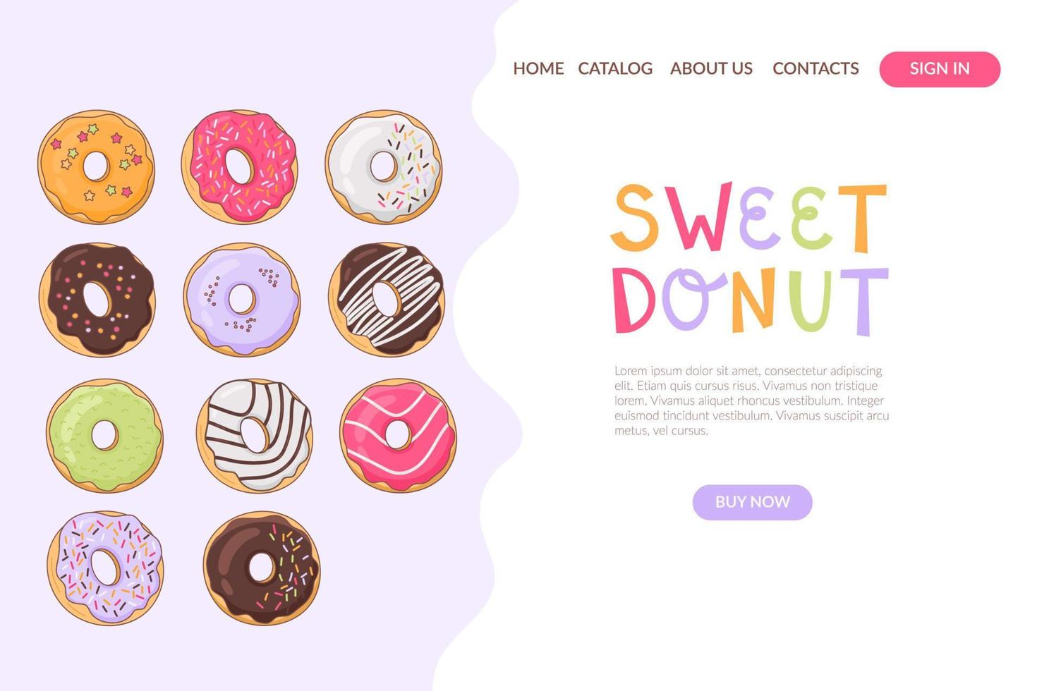 One page web design template with assortment of bakery or cafe donuts. Place for text. Vector. vector