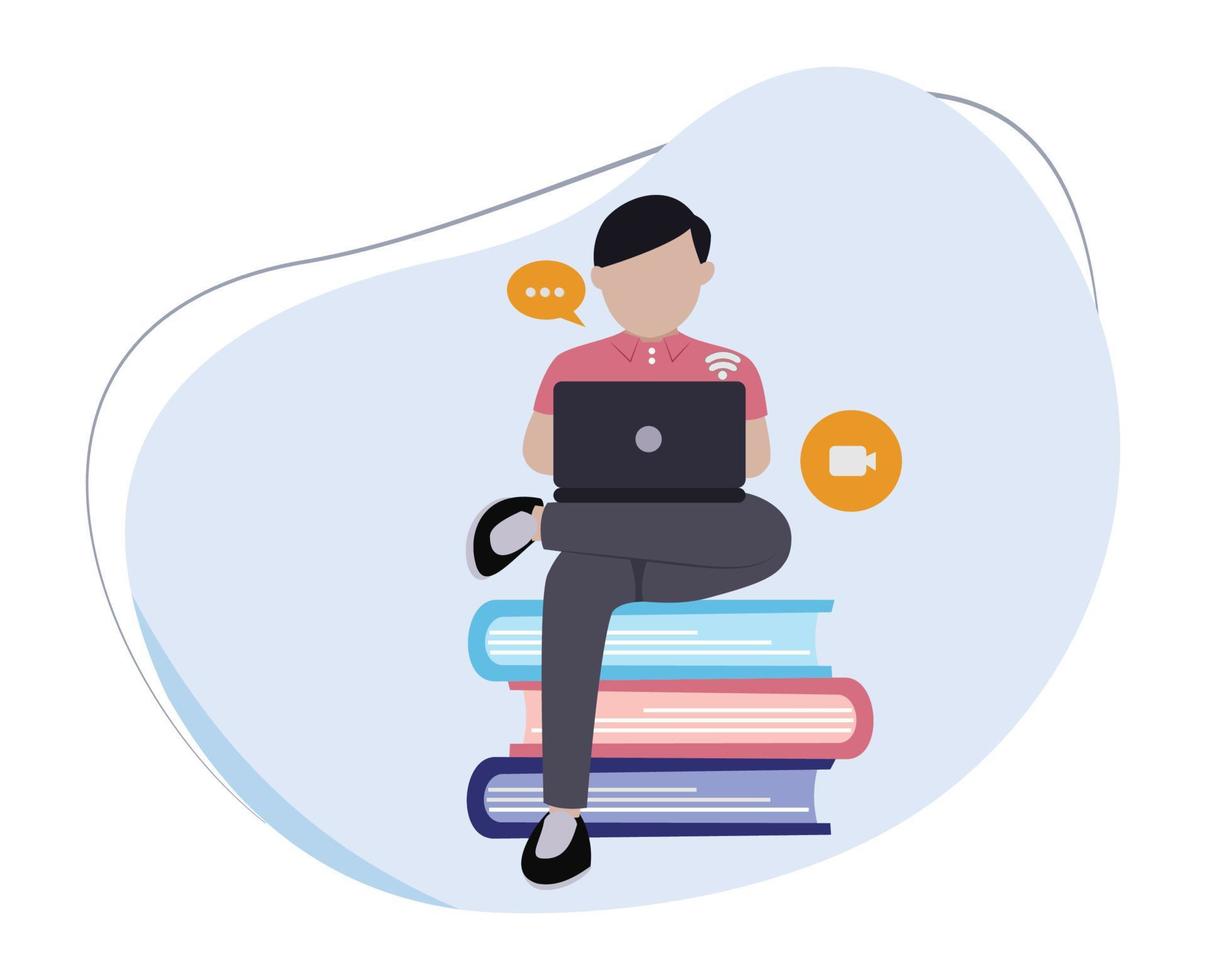 man sitting using laptop. man using laptop. online education illustration. work online using a laptop. online man using laptop vector