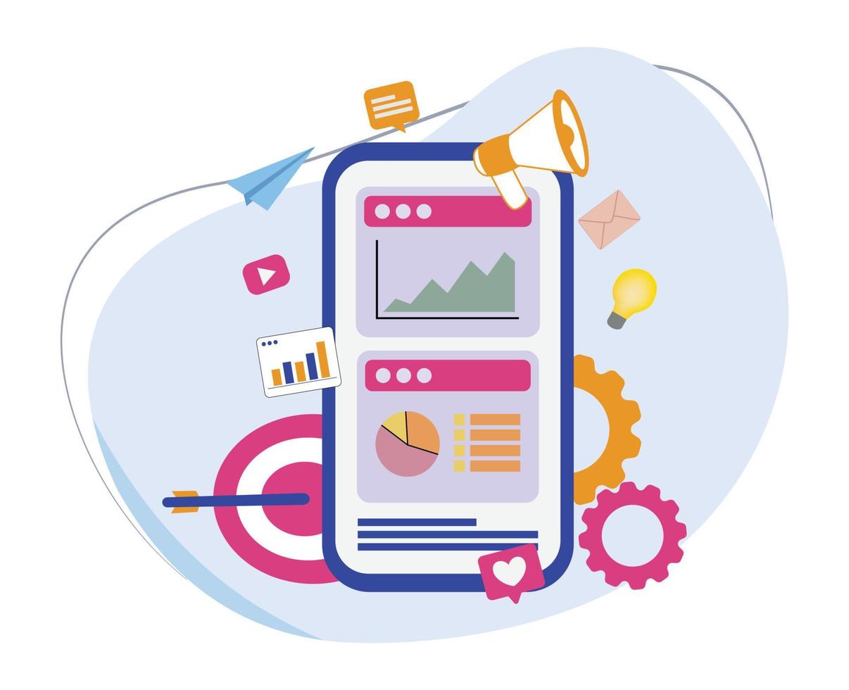 mobile marketing with smartphone and loudspeaker. illustration of online marketing using mobile phones and megaphone vector