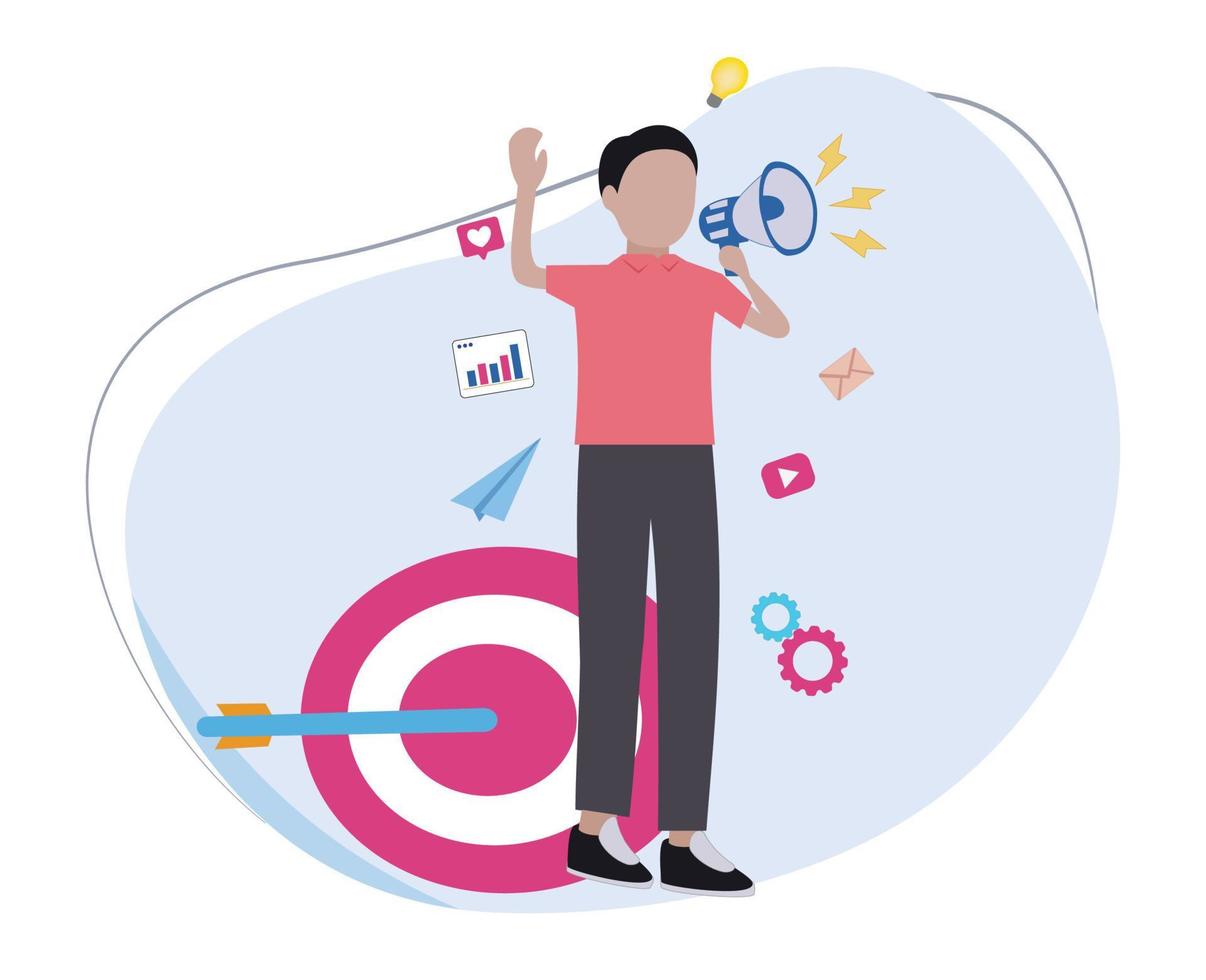 man achieves digital marketing target. man working in shopping sales. illustration of a man doing marketing using a megaphone vector