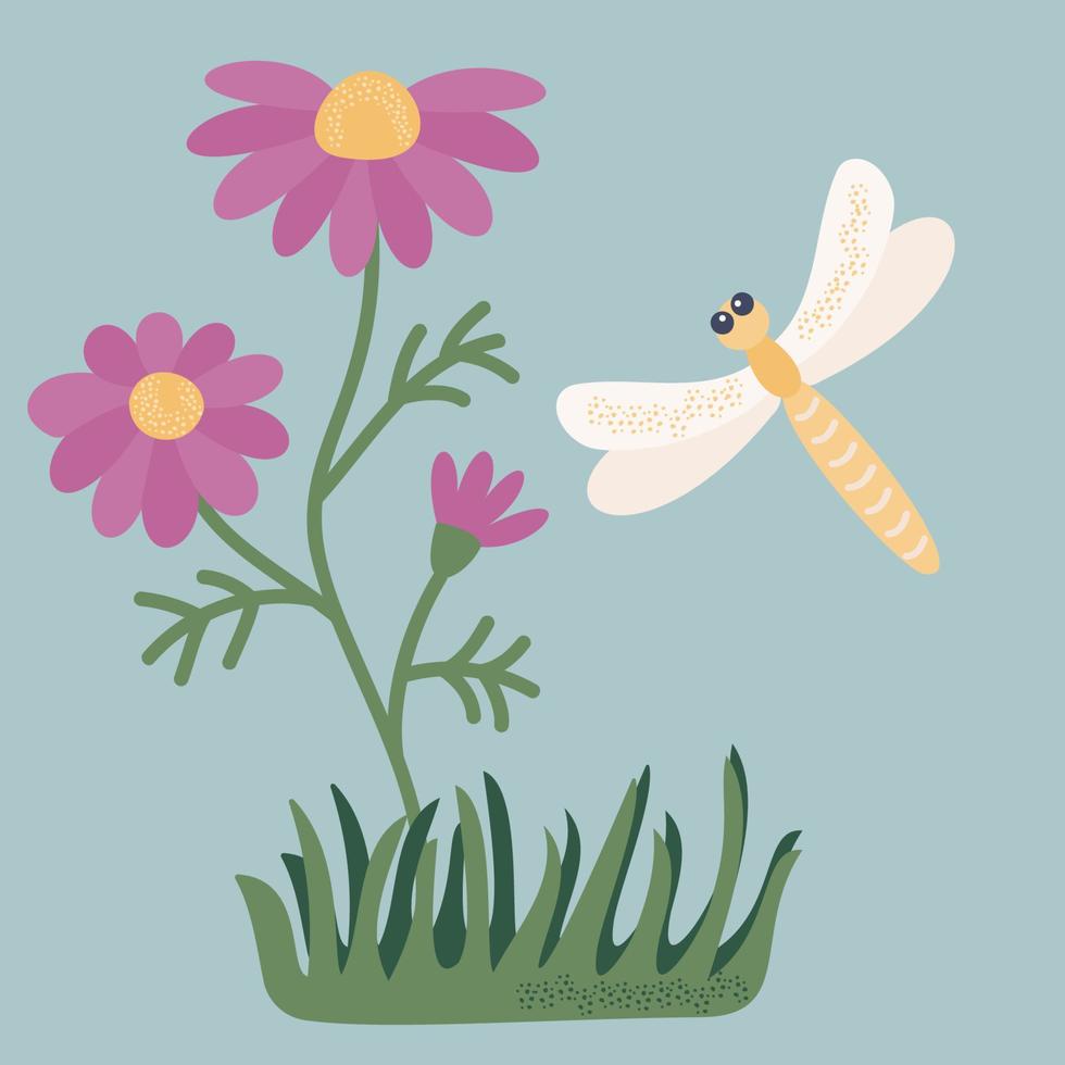 Flower, grass, dragonfly. Vector illustration of stylized plants and insects in cartoon style. Isolated on a light background.