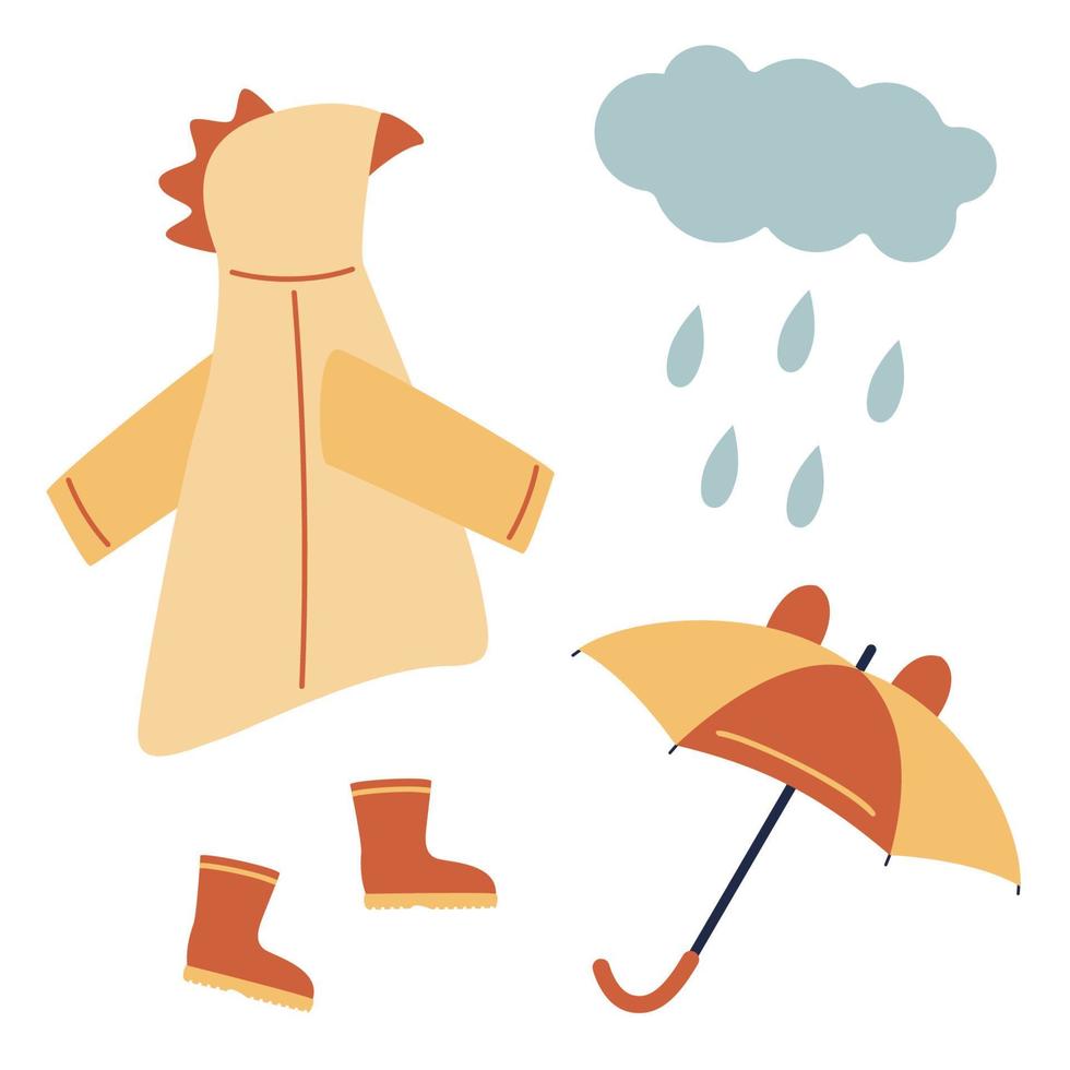A set of children's clothing - raincoat, umbrella, rubber boots. A cloud with droplets. Vector illustration of stylized things in cartoon style. Isolated on a white background.
