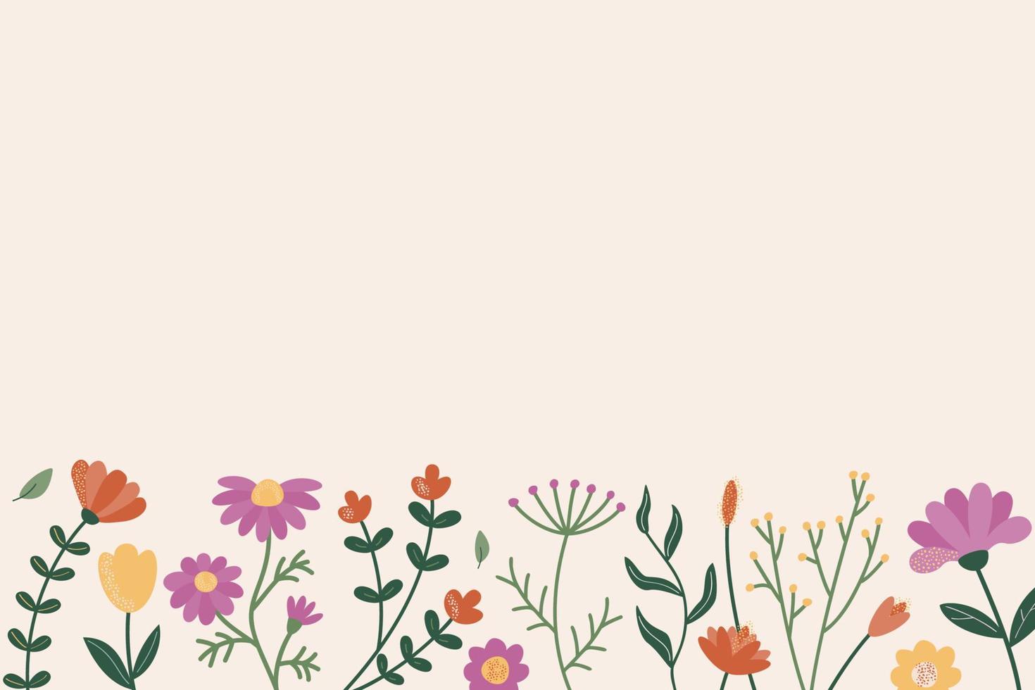 Background of flowers, twigs and leaves placed at the bottom. Space for text. Vector illustration of stylized plants in cartoon style. Isolated on a light background.