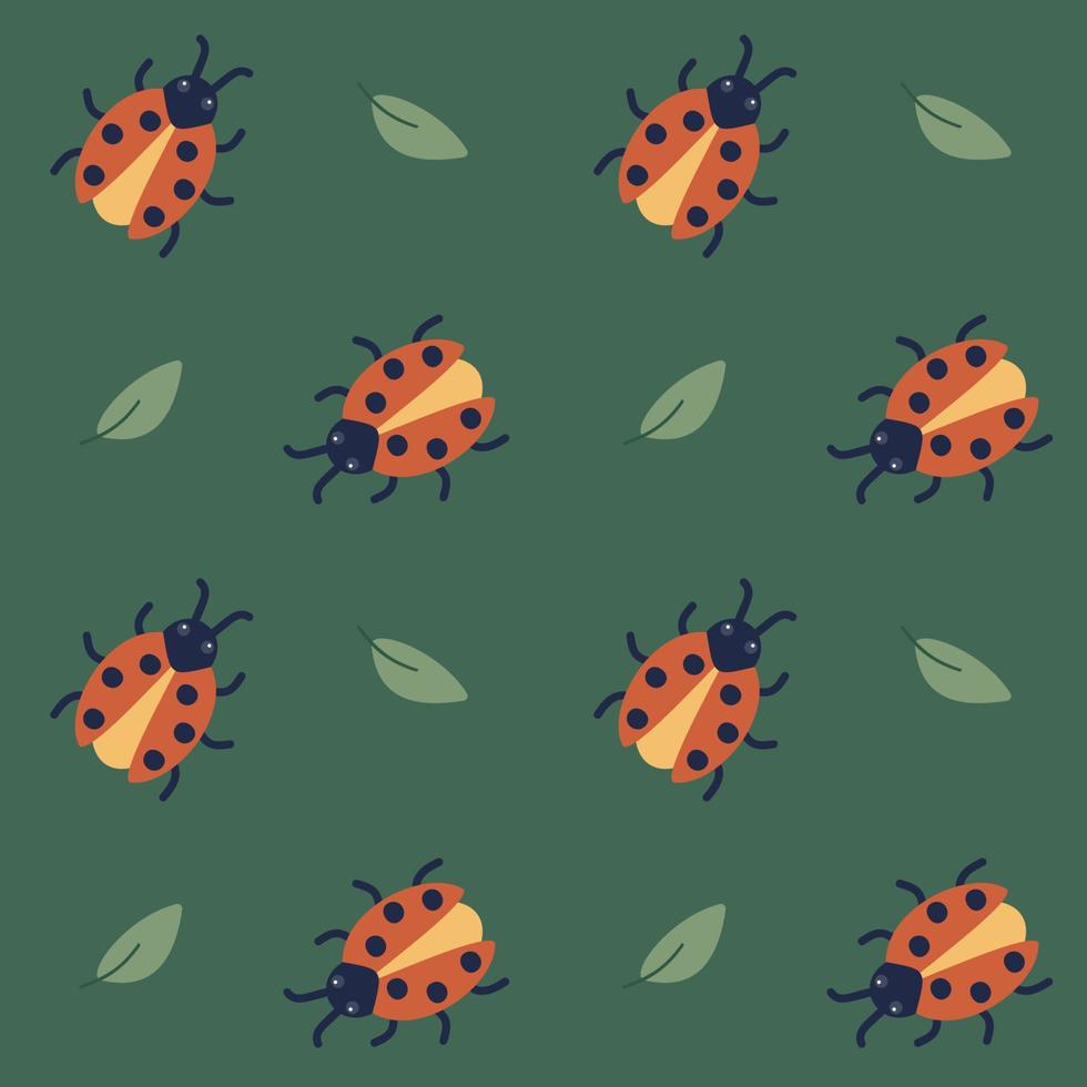 Seamless pattern with ladybug and leaves. An insect crawls among plants. Vector illustration in cartoon style.