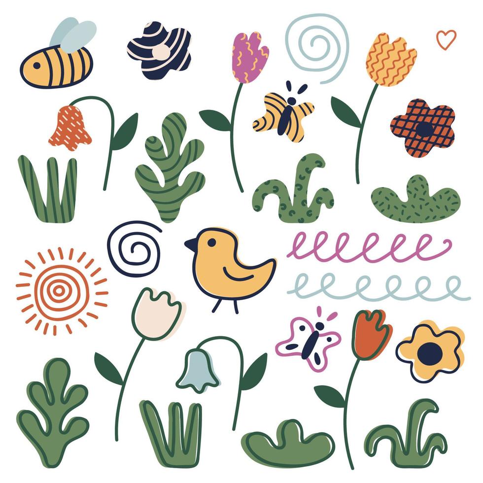 A set of plants and insects - grass, flowers, bee, bird, butterfly, sun, doodles, figures with texture. Vector illustration in doodle style. Isolated on a white background.