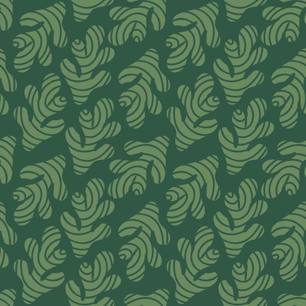 Seamless pattern with green leaves. Plants with texture are spread on a green background. Vector illustration in doodle style.