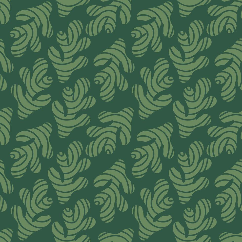 Seamless pattern with green leaves. Plants with texture are spread on a green background. Vector illustration in doodle style.