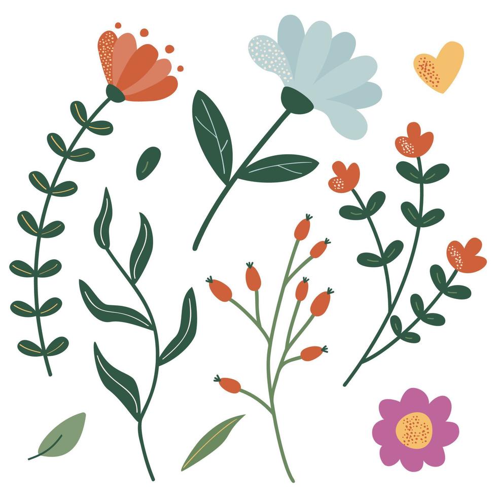 un conjunto de leña menuda y flores para decoración. vector ilustración de estilizado plantas en dibujos animados estilo. aislado en un blanco antecedentes.