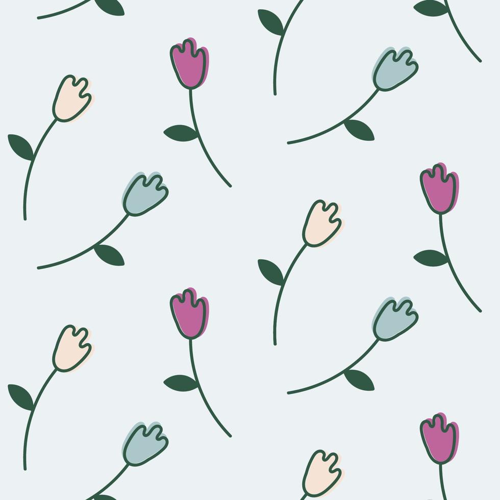 Seamless pattern with multicolored tulips. The plants are spread out on a light blue background. Vector illustration in doodle style.