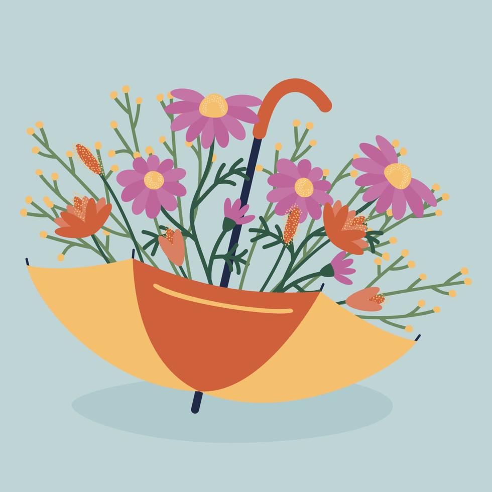 Composition of a bouquet in an umbrella. Vector illustration of stylized flowering plants in cartoon style. Highlighted on a light background.