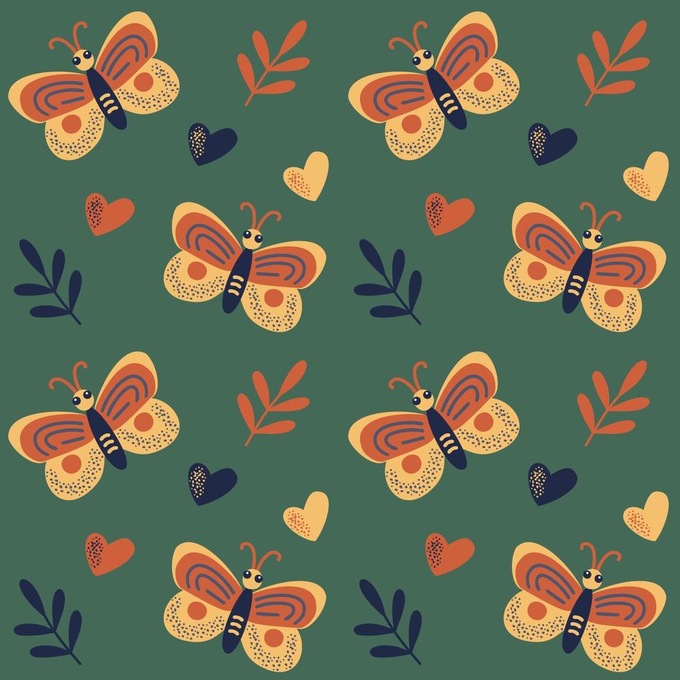 Seamless pattern with butterfly, hearts and leaves. An insect flies among plants. Vector illustration in cartoon style.