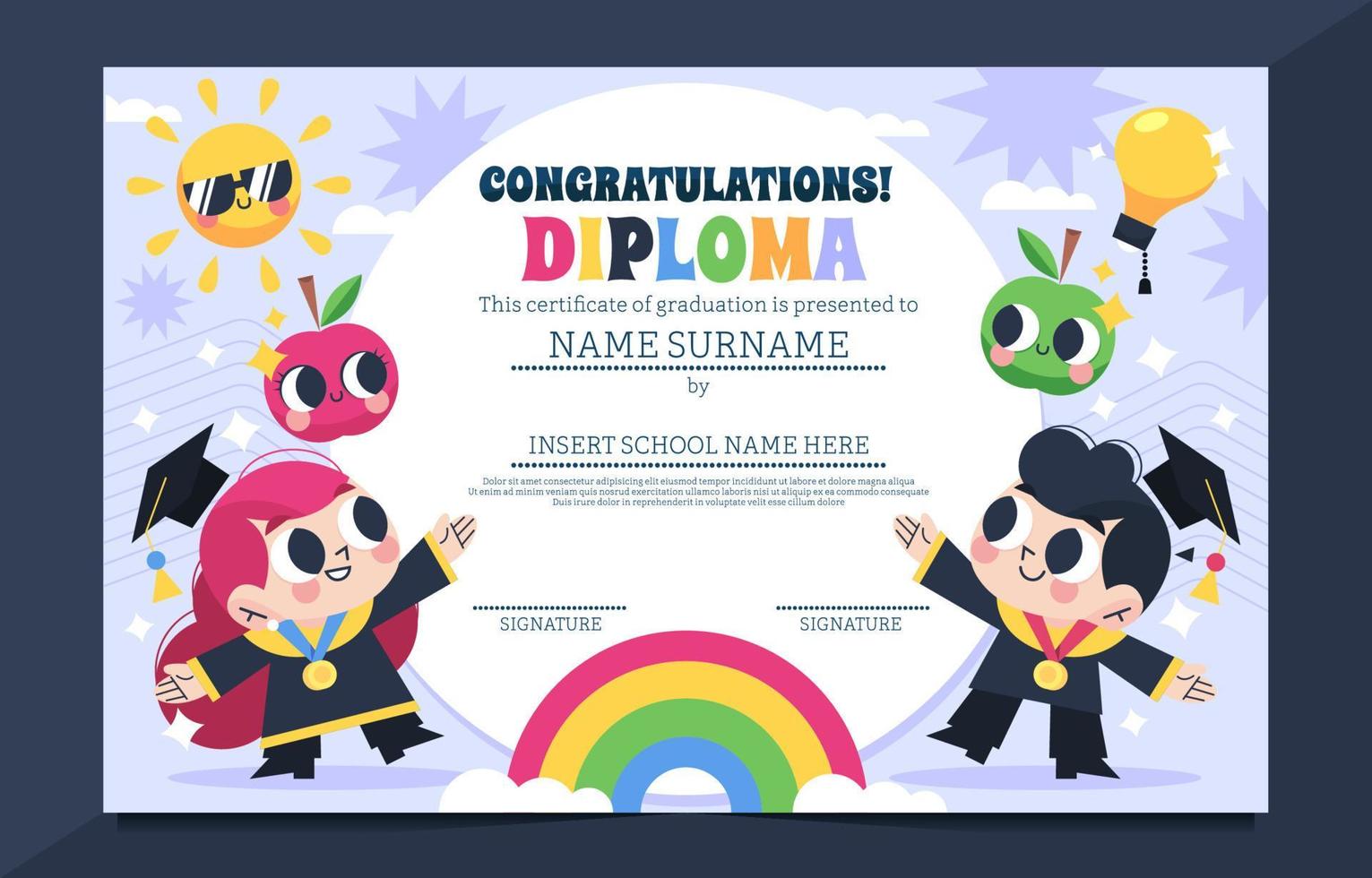 Graduation Children Certificate With Cute Cartoon Template vector