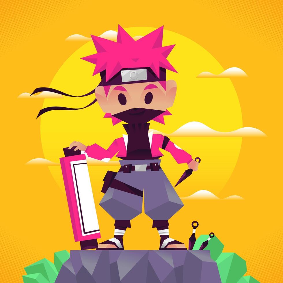 Ninja Boy Holding Kunai And Huge Ninja Scroll vector