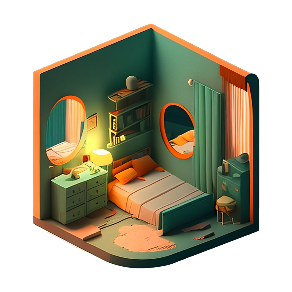 3e Room cartoon. 3d isometric room includes  table, windows, curtain, clock, frame and other furniture png