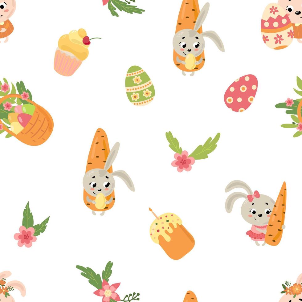 Easter seamless pattern. Rabbits, eggs, flowers. Design for fabric, textile, wallpaper, packaging. vector