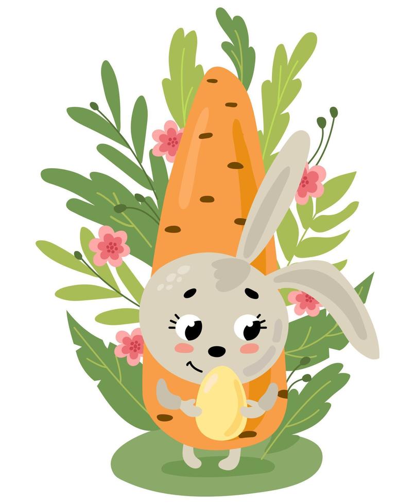 Easter bunny in carrot. Drawn style. White background, isolate. vector