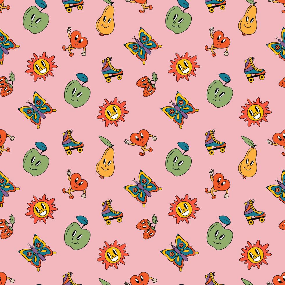 Retro seamless patterns, groovy hippie backgrounds. Cartoon funky print with pears, apples, butterflies, hearts, sun, rollers pattern. vector