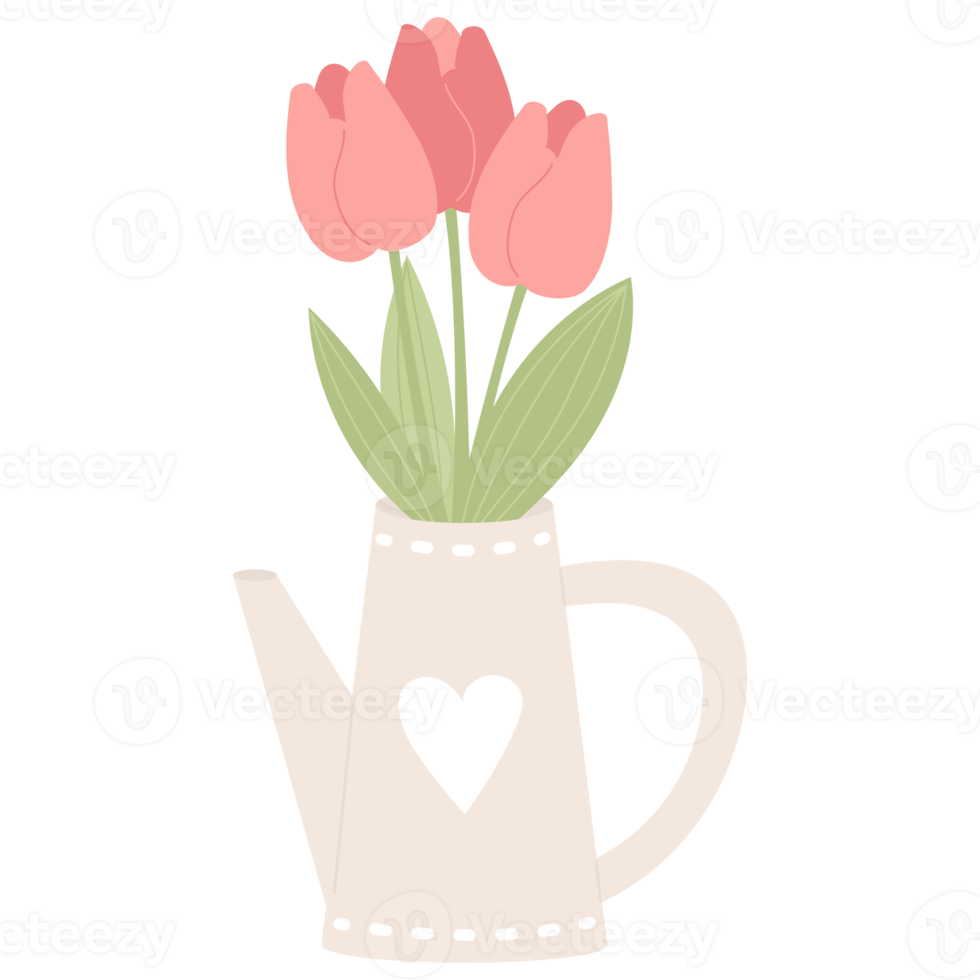 sticker. Flowers tulips in garden watering can png