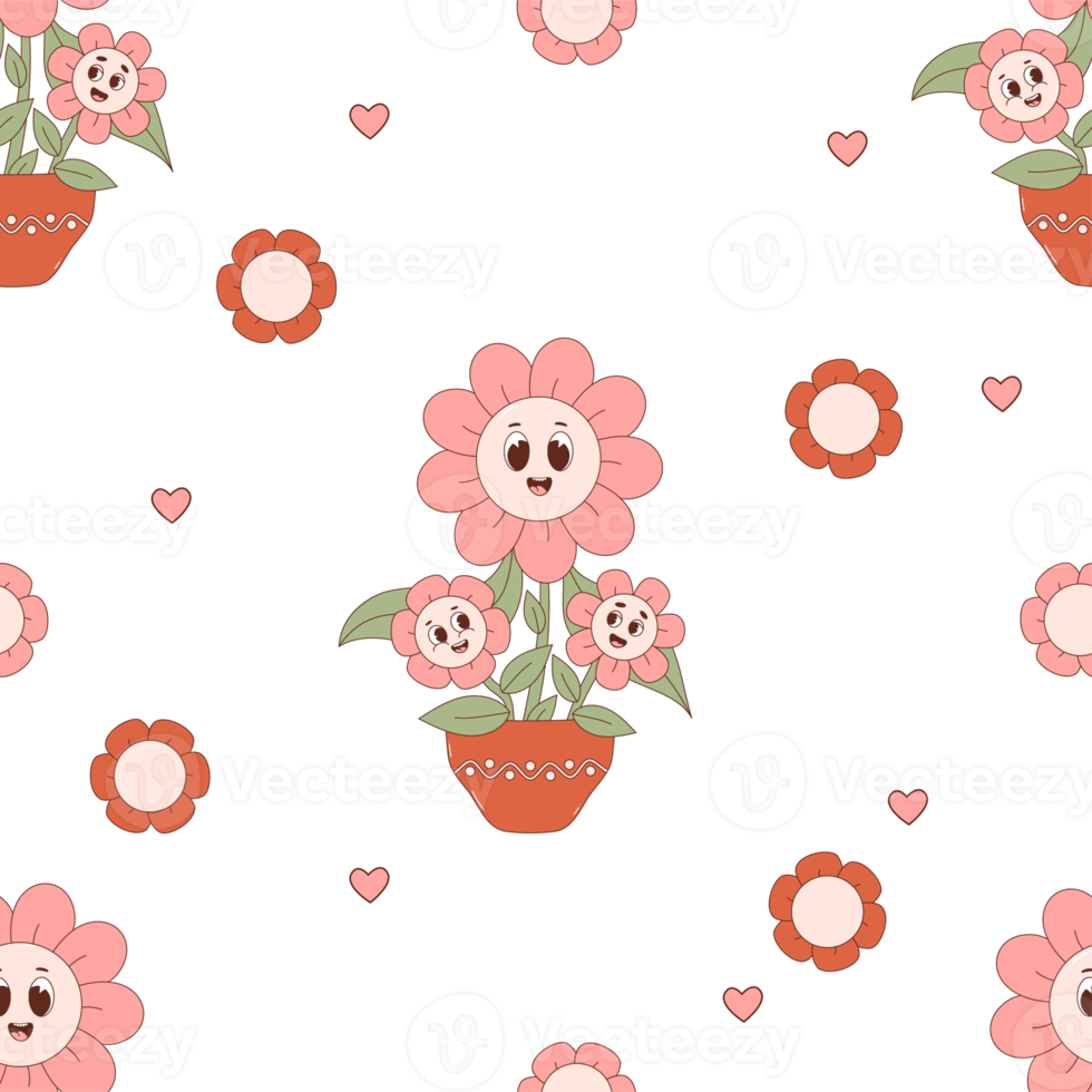 Retro seamless pattern with Groovy flower pot png