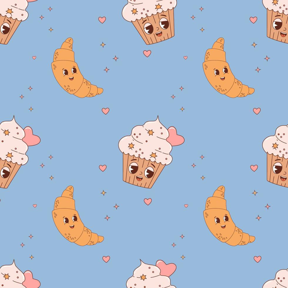Seamless pattern with pastry characters. Cute croissant and cake cupcake in love on blue background. Vector Illustration for wallpaper, design, textile, packaging, decor, childrens collection.