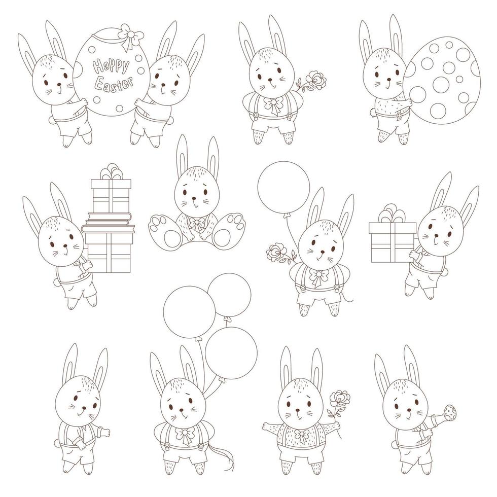 Easter cute bunny boy with egg, gifts and balloons. funny holiday characters. Linear hand drawing doodle. Vector illustration. Isolated. For design Happy Easter
