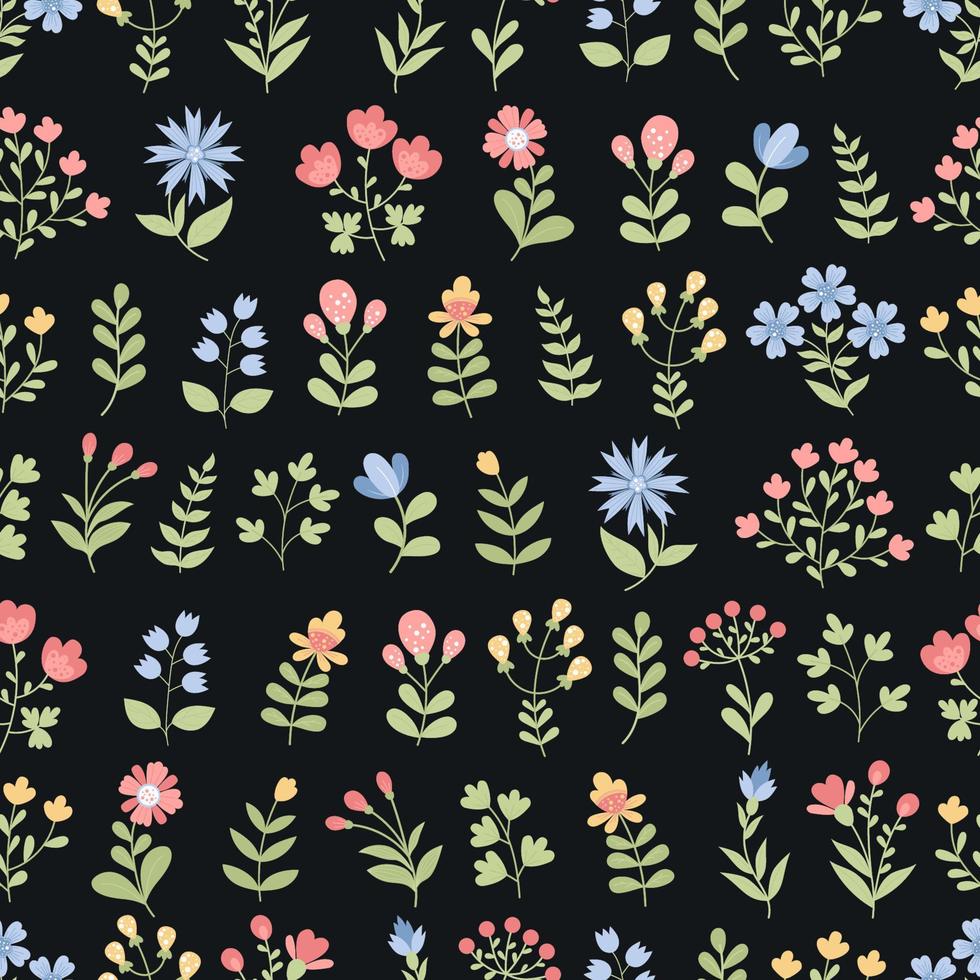 Floral seamless pattern. Flowers, buds, branchs on black background. Vector illustration in flat style.