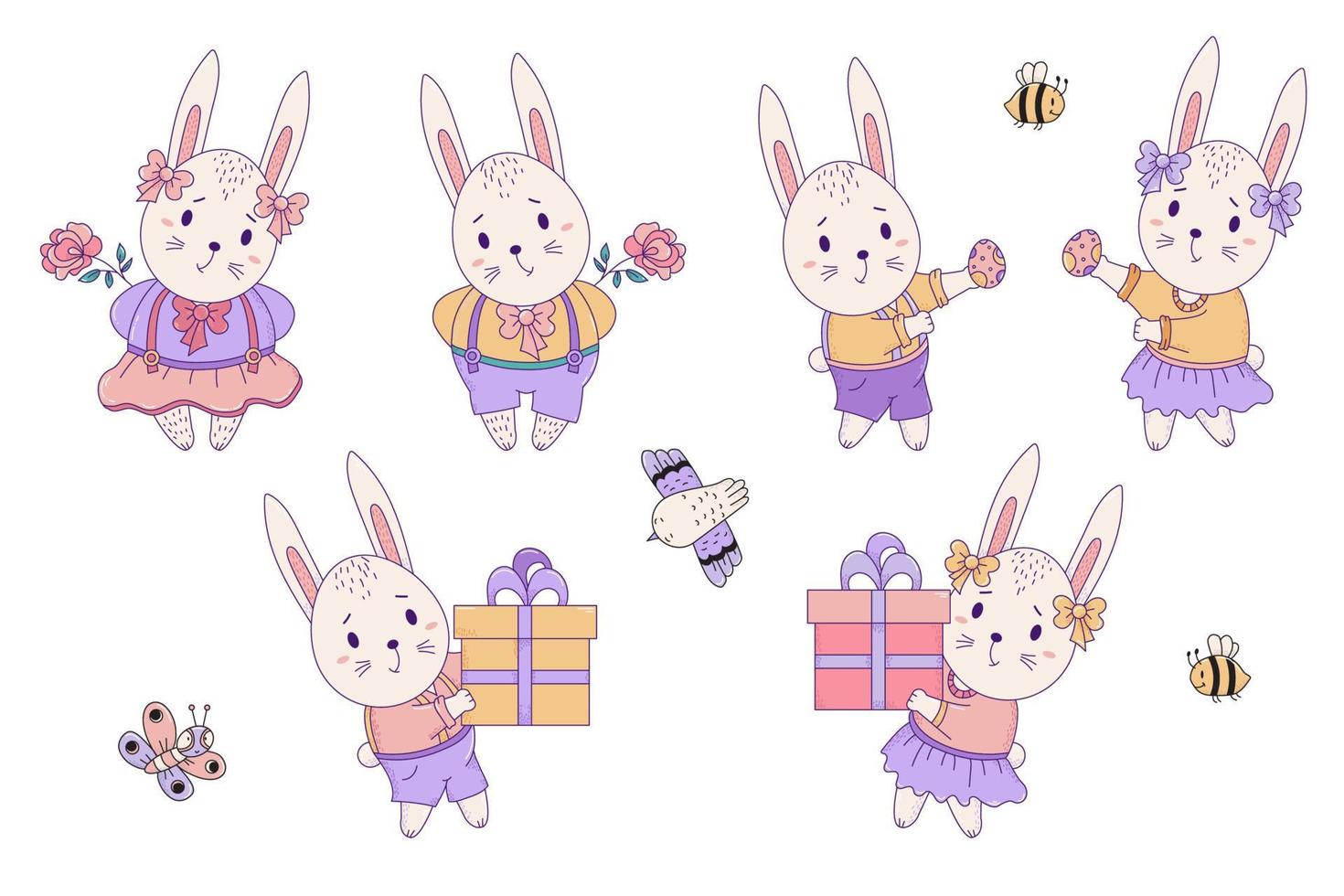 Set cute animals. Easter bunny and insects. Rabbits girl and boy with gift and Easter egg. Vector illustration. Isolated. For design Happy Easter