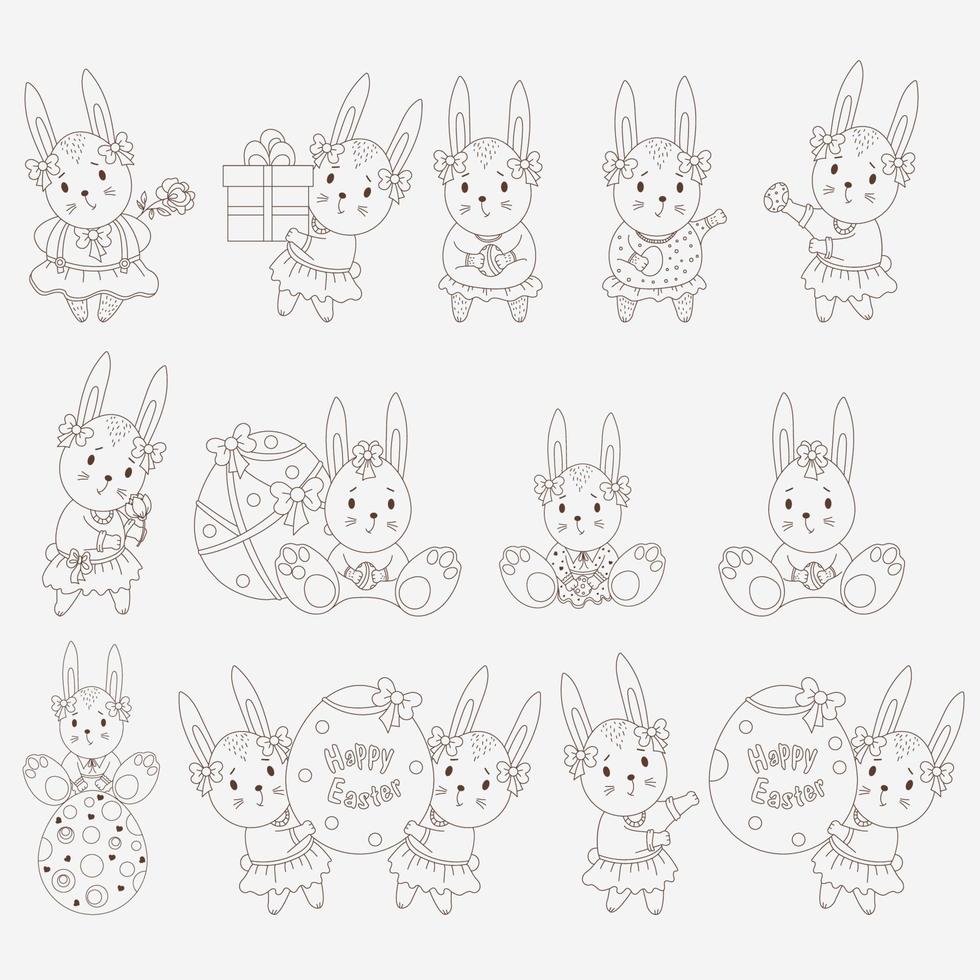 Easter cute bunny girl with egg. 13 funny holiday characters. Linear hand drawing doodle Vector illustration. Isolated.