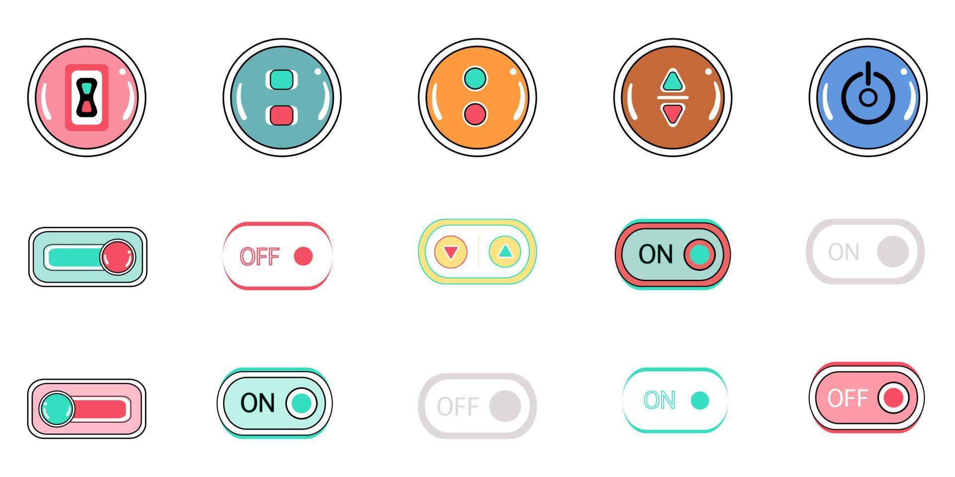Vector set of on off button designs on white background for Online business, computer components, communication, digital printing, web design, electronic, and more