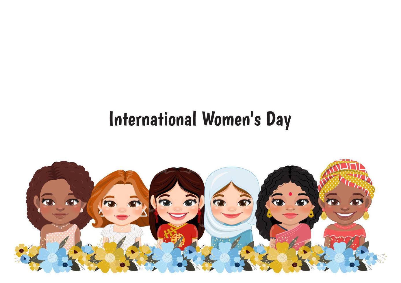 internacional mujer s día. vector ilustración de diverso mujer en flor dibujos animados personaje