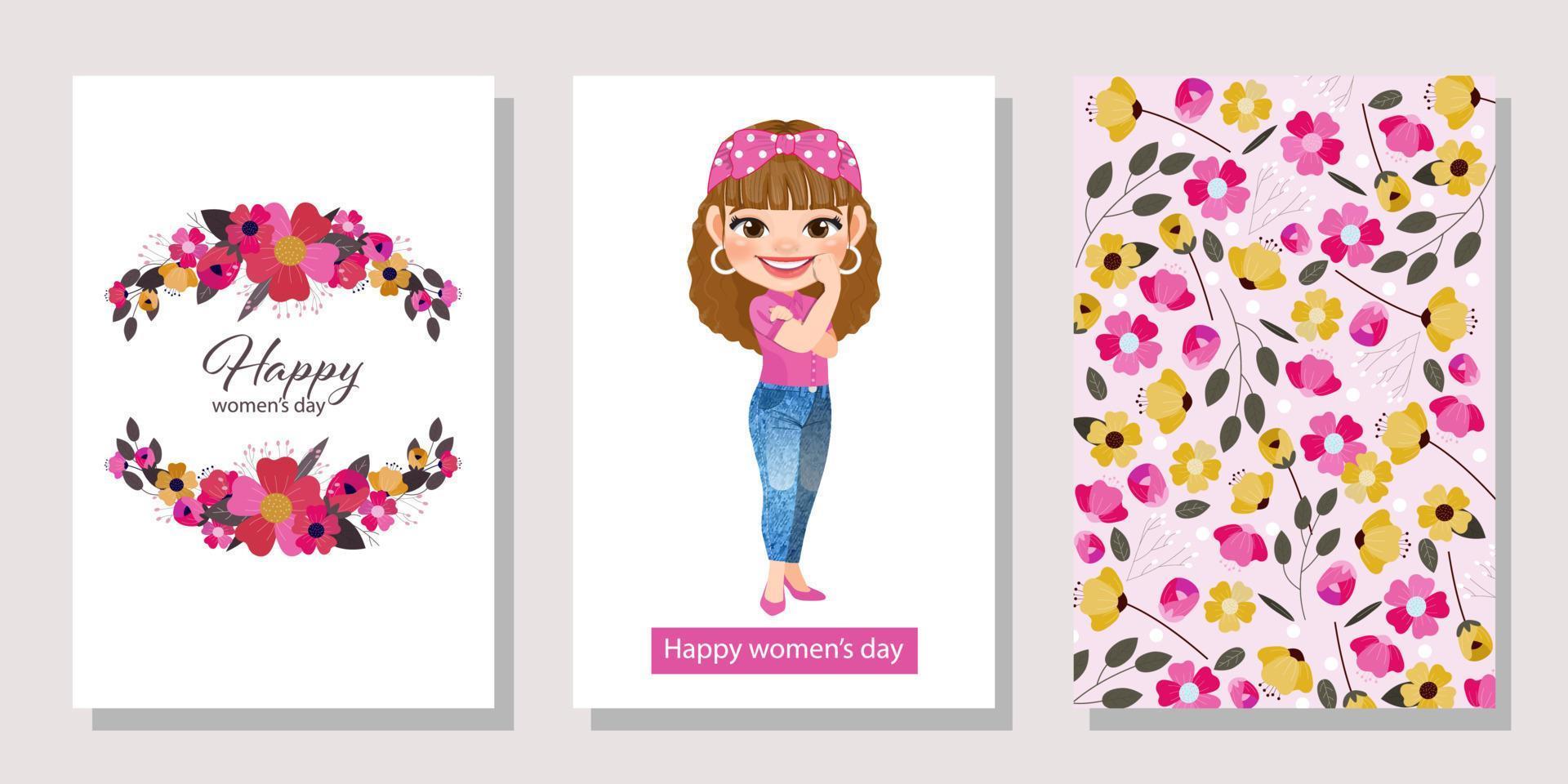 International Women s Day with Pretty Woman Standing and Flowers Background. Vector templates for card, poster, flyer and other users