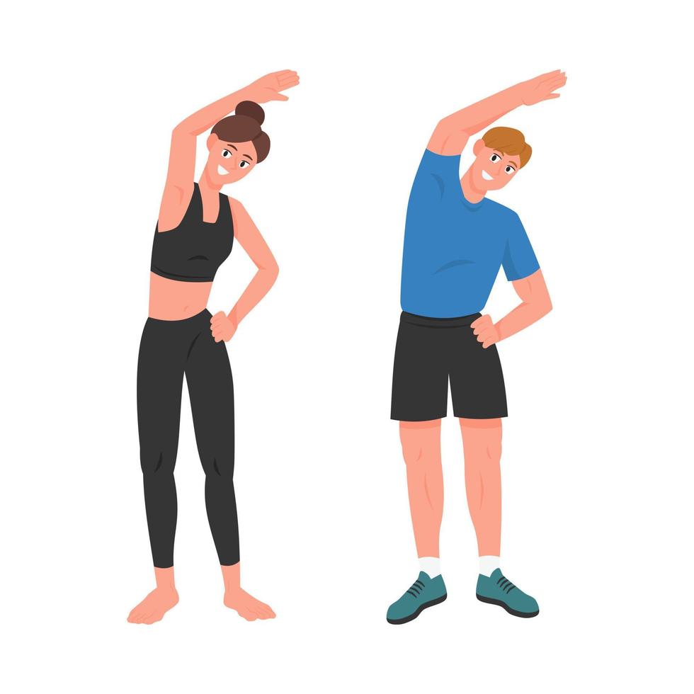 Healthy young people set flat vector illustration isolated on white background. Man and Woman in sportswear exercises. Personal trainer, workout class, healthy lifestyle.